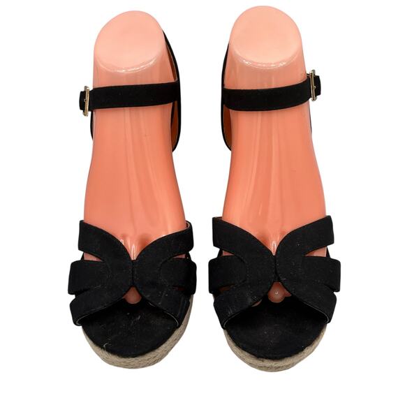 American Eagle Black Suede Upper Espadrille Wedges Sz 8 Sandal Career Vacation - Picture 1 of 5